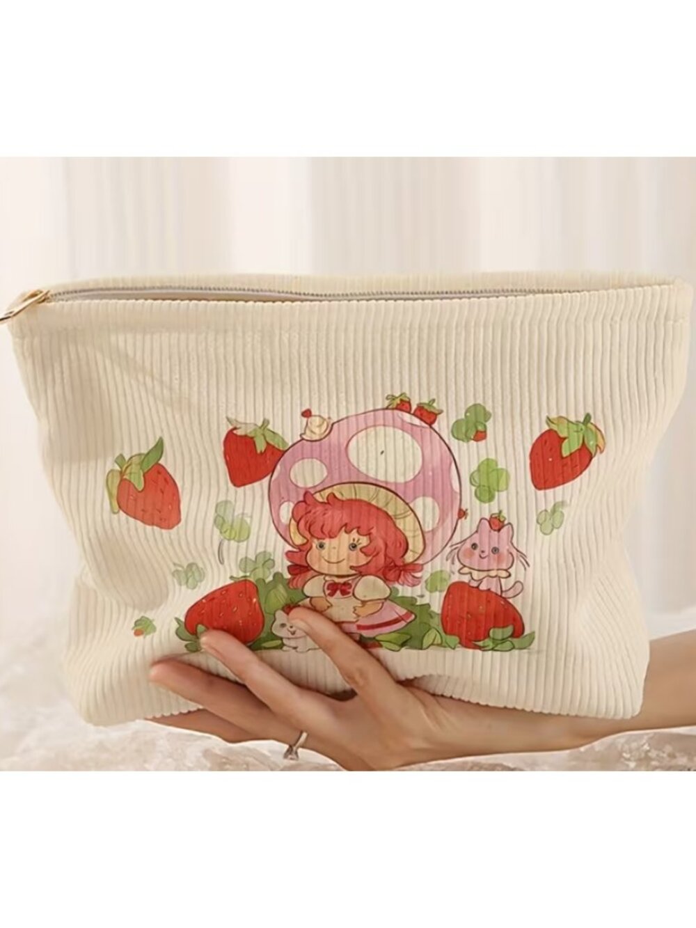 Strawberry Girl Corduroy Makeup Bag Cute Strawberry Print Cosmetic Pouch Zipper